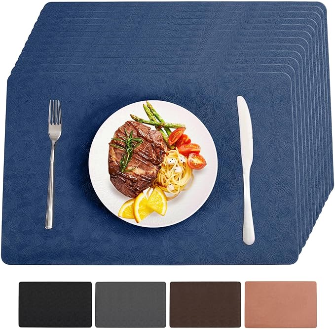 Vinyl Placemats Set of 12 Heat Resistant Easy Clean Non-Slip Place Mats for Dining Table. Faux Leather Waterproof Stain Resistant Wipeable Washable PU Table Mats(12, Blue)