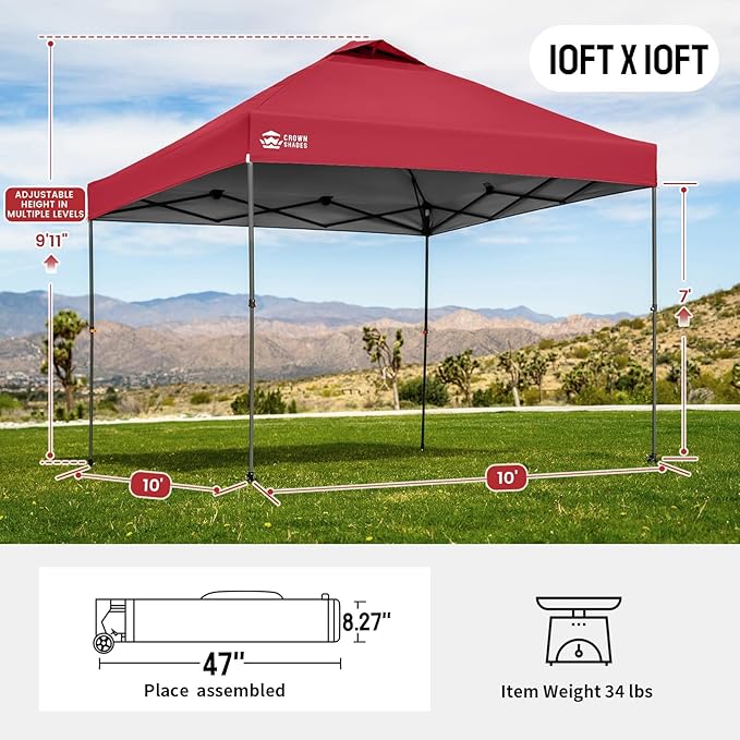 CROWN SHADES Adjustable Height on The Fly, 10x10 Pop Up Canopy - Beach Tent with One Push Setup - Easy Outdoor Sun Shade for Events, Parties, Camping - Outside Shade with STO-N-Go Bag, Red