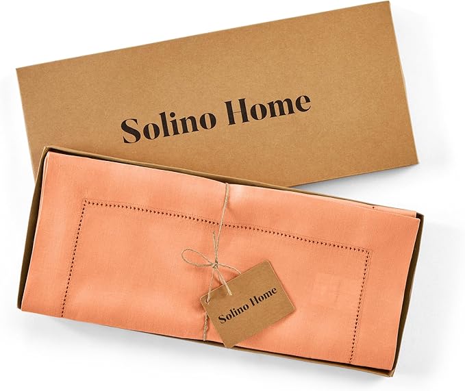 Solino Home Linen Coral Hemstitch Table Runner 36 Inches - 100% Pure Linen Small Table Runner 14 x 36 Inch Ideal for Dresser and Coffee Tables, Valentines, Spring, Easter - Classic Hemstitch