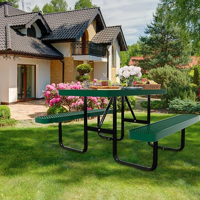 4FT Rectangular Metal Picnic Table for Outdoors, Commercial Steel Metal Picnic Tables, Heavy Duty Sturdy Picnic Tables Furniture Set for Patio Garden Courtyard BBQ, With Umbrella Hole, Green