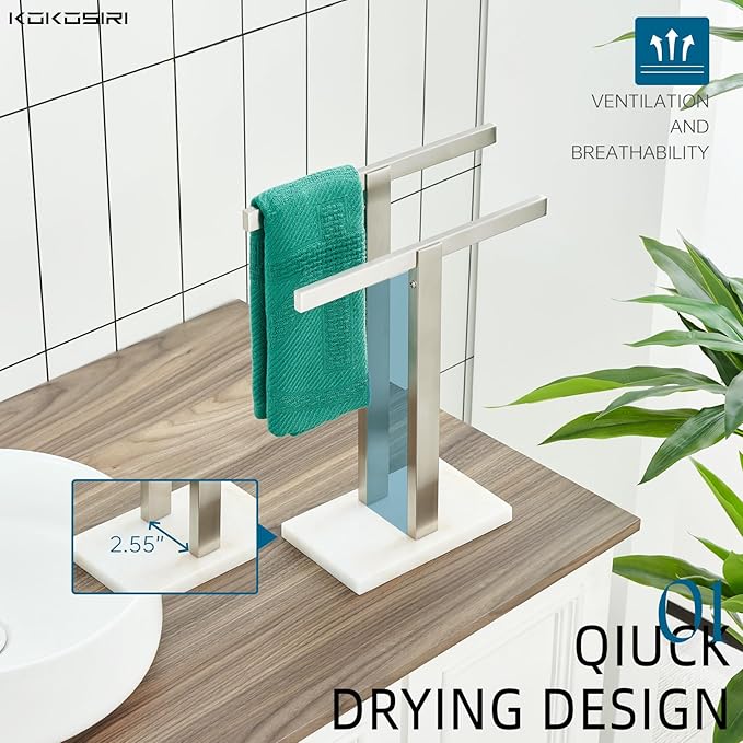 KOKOSIRI Hand Towel Holder Free-Standing Towel Racks with Marble Base for Bathroom Kitchen Vanity, Brushed Stainless Steel 15.7'' Height THS0001-SM-BR