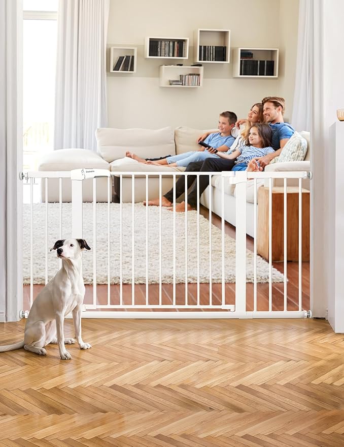 BABELIO 36-57" Extra Wide Baby/Chlid Gate, Auto Close Dog/Pet Barrier with Large Walk Thru Door,Safety for The House, Stairs and Doorways,Pressure Mounted, White