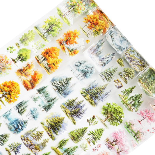 6PCS Trees and Forest PET Tape Set, Nature Scenery Adhesive Tapes for Journaling, Scrapbooking, and DIY Crafts, with Decorative Clip