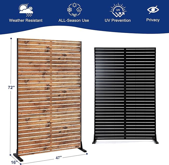Metal Privacy Screen Outdoor 72" H×47" W Natural Wood Brown Patio Privacy Screen, Freestanding Decorative Privacy Screen for Deck Balcony Patio