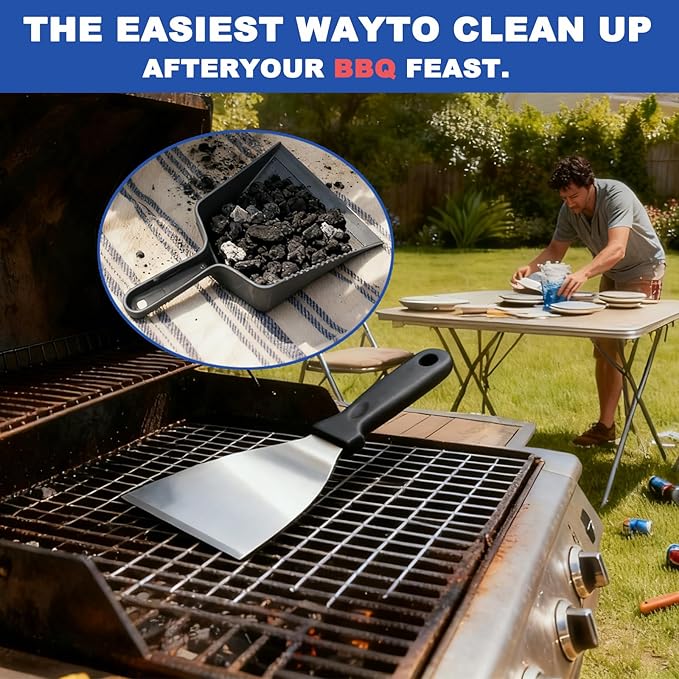 All-in-One Ash Cleanup Kit for Pellet Grills | 3-Piece Set Includes Large Ash Scoop, Soft Bristle Brush & Scraper to Easily Remove Ash & Debris | Simplify Your Grill Maintenance (Grey & Black)
