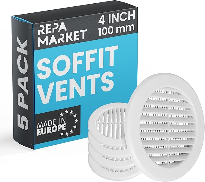 Repa Market 4 Inch (Opening) White Round Air Vent Cover - Pack of 5 Plastic Fresh Air Intake Vent - Grill Cover with Nylon Mesh Screen - Wall or Ceiling HVAC Return Air Register - Modern Soffit Vents