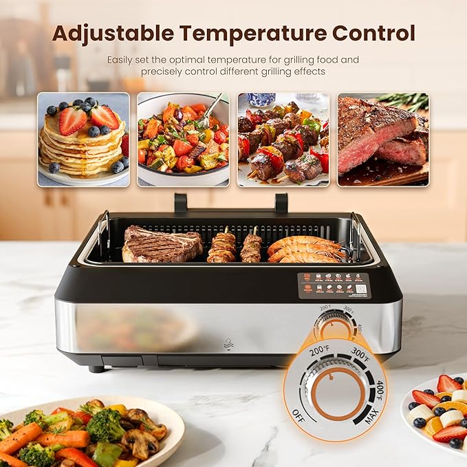 Kismile 2-in-1 Griddle and Indoor Grill,Electric Smokeless Grill with Temperature Control,Removable Plate,Portable Smoke-Free Griddle for Indoor Steaks,Vegetables,Family Cooking