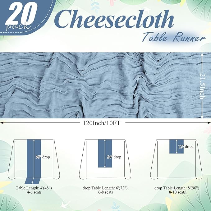 20 Packs Cheesecloth Table Runner 10FT Long Boho Gauze Fabric Table Runner Vintage Rustic Sheer Runners for Wedding Party Bridal Baby Shower Table Decorations (Dusty Blue )