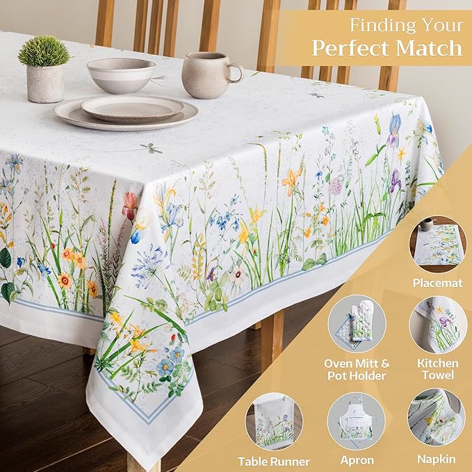 Maison d' Hermine Table Cloth Rectangle Table 100% Cotton 54 x 72 Inches Tablecloth Reusable Decorative for Dining Room, Farmhouse, Home, Party, Festive & Wedding Spring Summer - Fleurs De Mai