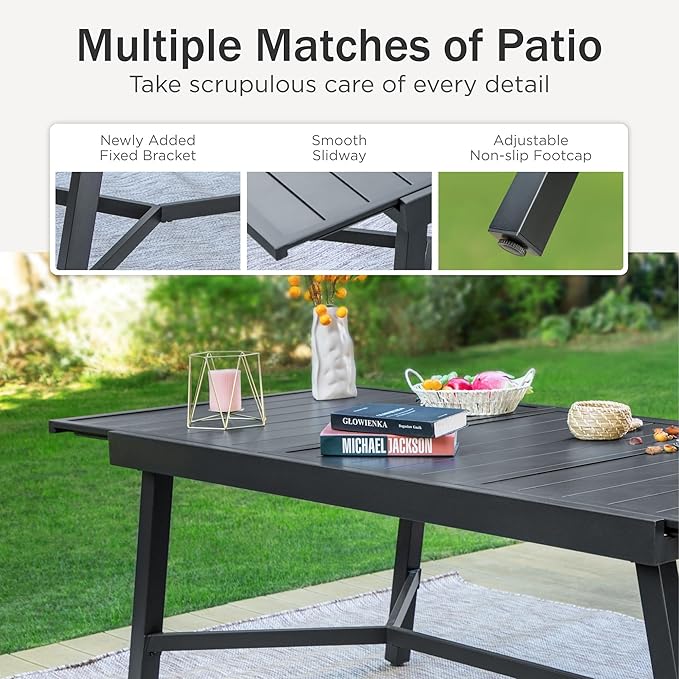 PHI VILLA Expandable Patio Dining Table Metal Outdoor Table for 6-8 Person Lawn Garden Bistro Rectangular Table, with Adjustable Legs, Black