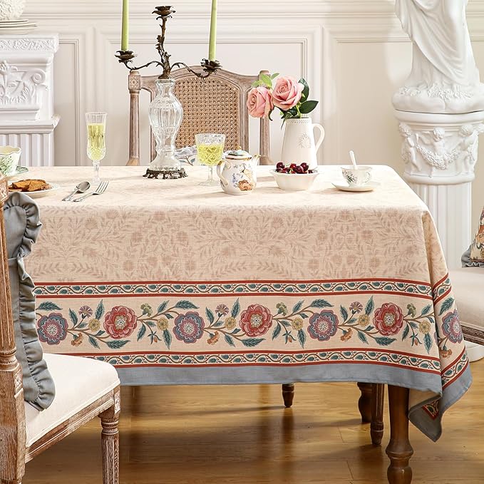Beige Linen Long Rectangle Tablecloth,Vintage Indian Style Soft and Colorfast Floral Tablecloths,Decor Table Cover for Kitchen,Dining,Thanksgiving,Christmas,63"*94"-Flowershadow E