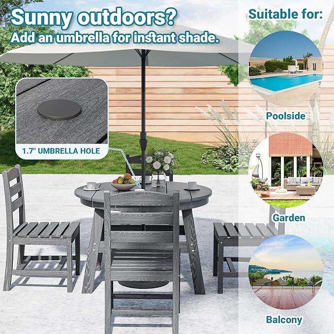 5 Piece Round Outdoor Dining Set, Relaxing HDPE Outdoor Table and Chairs with 105° Ergonomic Backrest, All-Weather Patio Table and Chairs Set with Umbrella Hole for Porch, Poolside, Gray