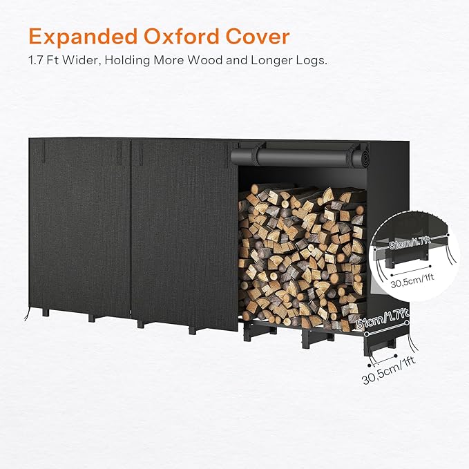 HOOBRO 8FT Firewood Rack with Cover, Outdoor Firewood Log Rack, Adjustable Log Holder with Waterproof Cover, Fireplace Wood Storage, Heavy Duty Wood Holder, for Indoor and Outdoor, Black BB02CH02
