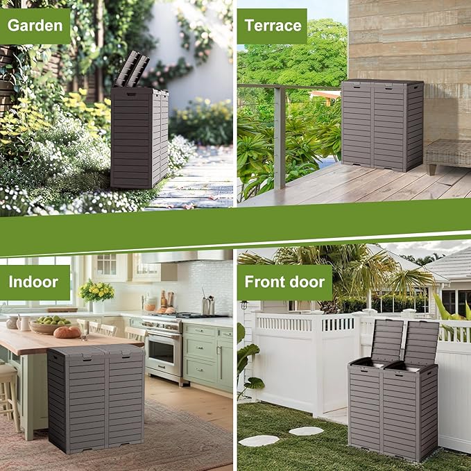 Outdoor Trash Can with lid, Waterproof, UV-Resistant Resin Garbage Can, Lockable Lid and Drip Tray, Animal-Proof, for Patio, Kitchen, Backyard and Deck (Grey, 76 Gallon)
