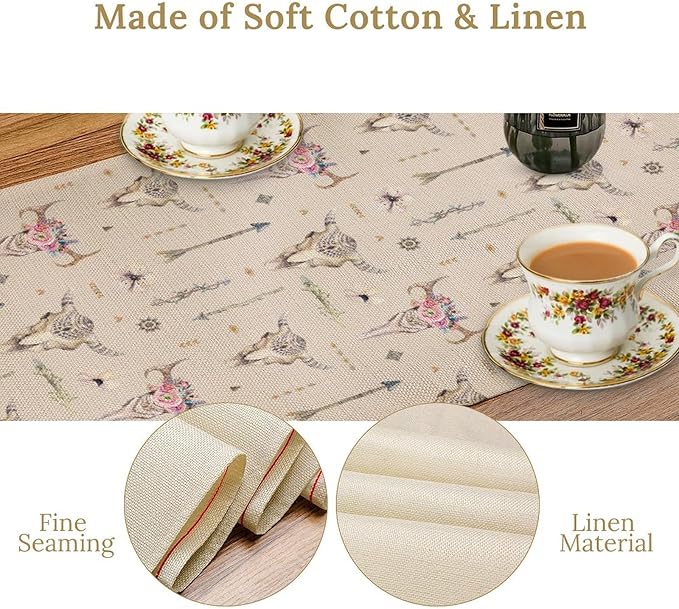 Western Boho Table Runner, Aztec Native Tribal Bull Skull Southwestern Bohemian Geometric Floral Pattern Table Runner for Home Kitchen Dining Party Farmhouse Cafe 13x70in