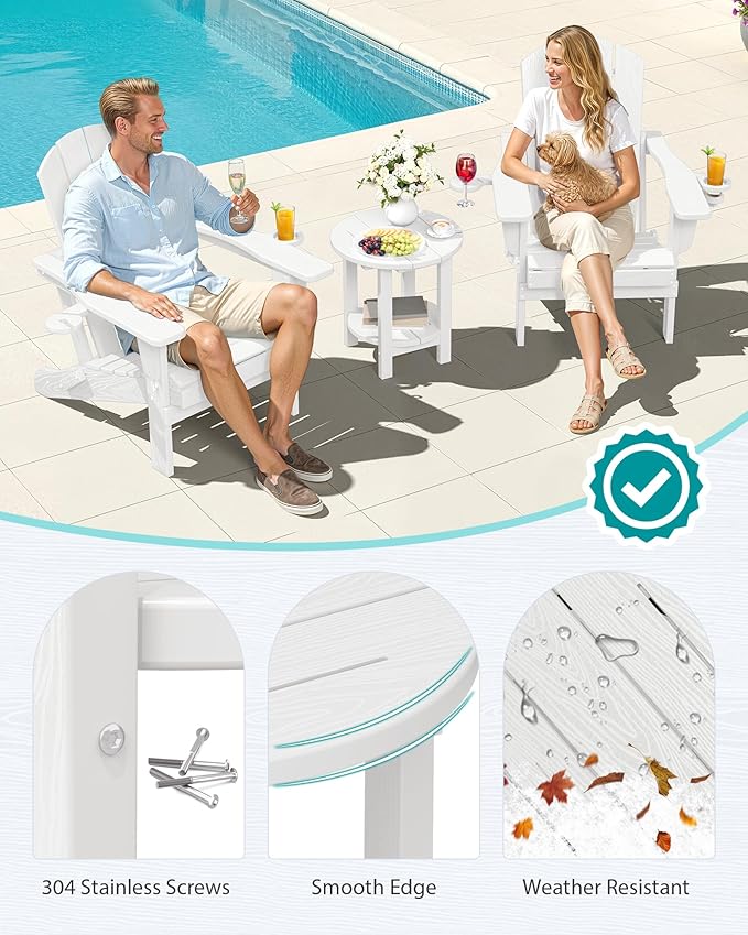 SERWALL Round Outdoor Side Table, HDPE Small Adirondack End Table,2-Tier Patio Side Table for Backyard Pool Porch Garden Lawn, White