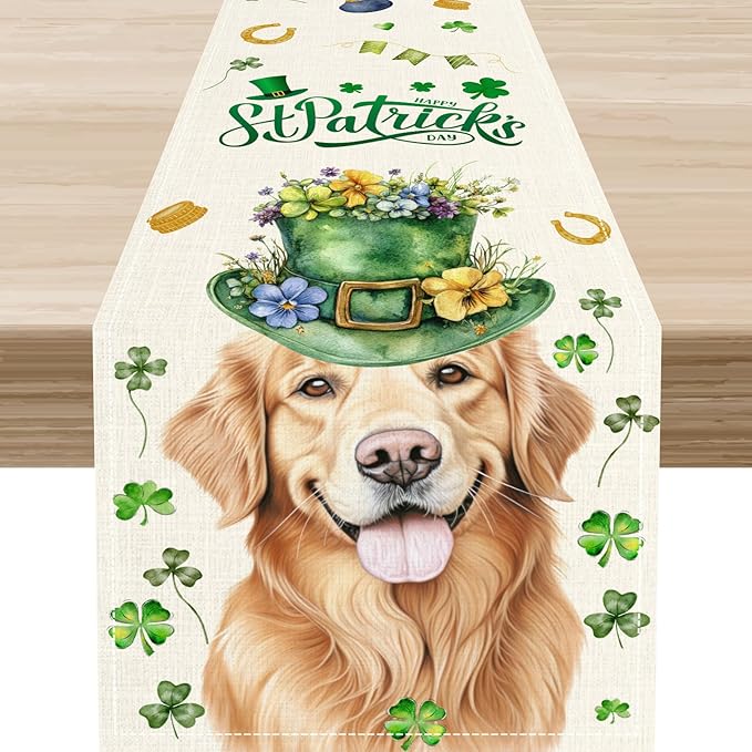 St.Patrick's Day Table Runner,Sharmrock Dog Hat Golden Retriever Beige Rustic Table Center Decor for Home Kitchen Dining Patio Holiday Party Indoor Table Decorations, 13"x90"