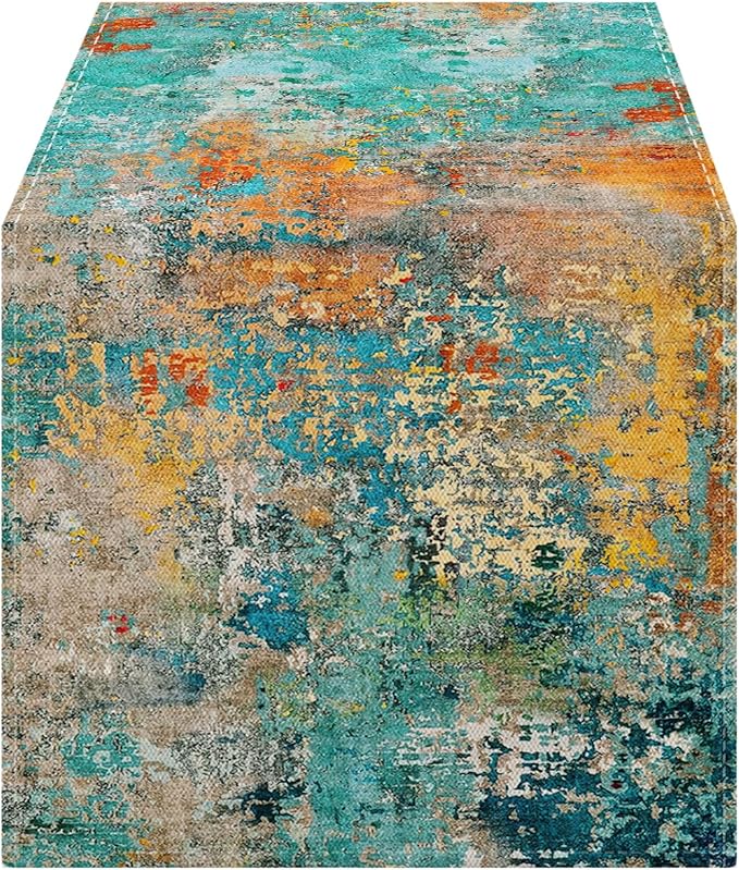 OYIMUA Modern Abstract Teal Yellow Colorful Table Runner 13 x 90 Inches Summer Runners for Tables Rustic Spring Fall Decorations for Home Indoor Outdoor Table Decor