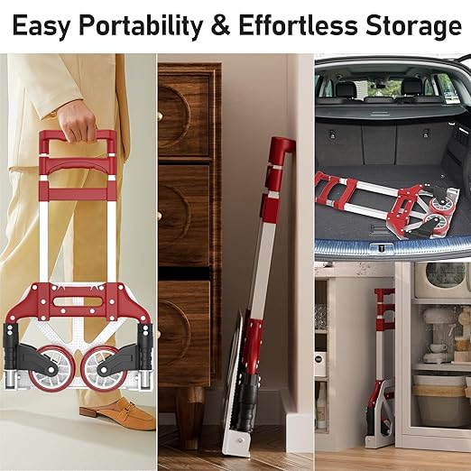 Folding Hand Truck - Aluminum Portable Dolly Cart with Telescopic Handle, Bungee Cord - Compact Lightweight Foldable Luggage Cart for Moving, Home, Auto, 180lbs, Red