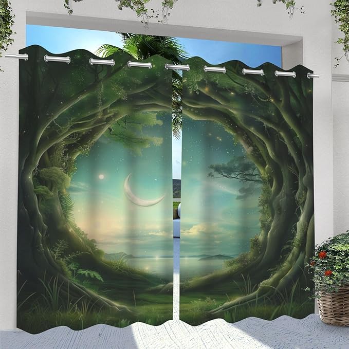 Forest Theme Waterproof Indoor/Outdoor Curtains,Trees Moon Lake Pattern,UV and Fade Resistant Outside Curtains for Gazebo, Front Porch, Pergola,2 Panel,54 x 96 inch,Green