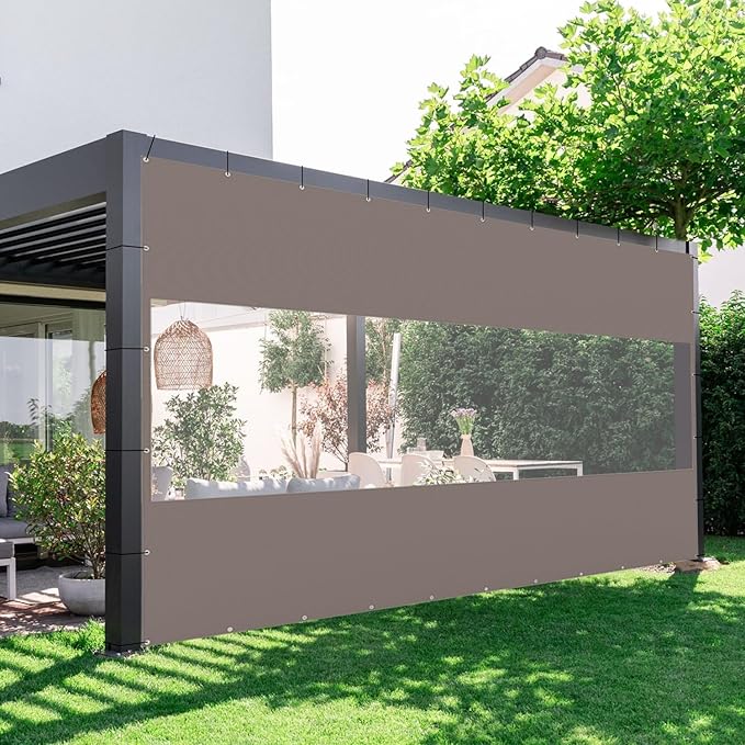Domi Heavy Duty Outdoor Clear Panel Curtain, 18 oz Waterproof PVC Polyester Curtain, Weather Resistant & Tearproof for Patios, Gazebos, Pergolas, Privacy Screen (8'H x 12'W, Gray)