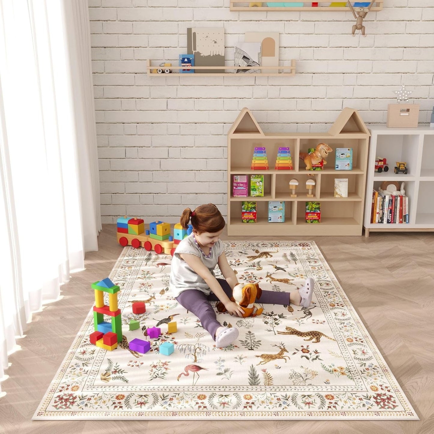Rugcomf Area Rug 4x6 Rug Washable Boho Rugs Non Slip Low Pile Floral Animal Small Carpet for Bedroom, Bedside, Kids Room, Office, Dining Room (Beige)