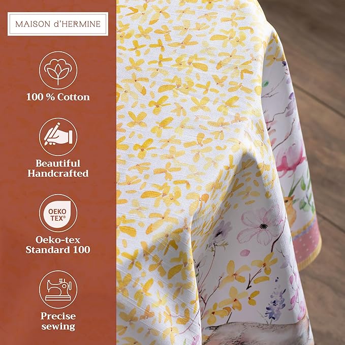 Maison d' Hermine Table Cloth Round Table 100% Cotton 63 Inches Tablecloth Reusable Decorative Everyday Use for Dining Room, Farmhouse, Home, Party, Festive & Wedding Spring Summer - Easter Zest