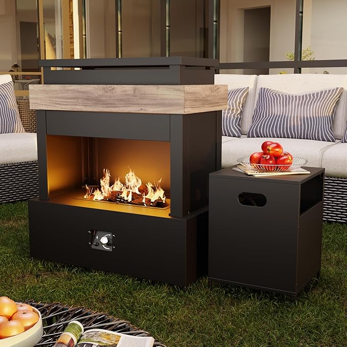 40.5''x35.4'' Propane Outdoor Fireplace, 50,000 BTU Patio Vent-Free Gas Heater, CSA Certified Grey & Black Weather-Resistant Steel, Realistic Ceramic Logs, Rain Cover Included