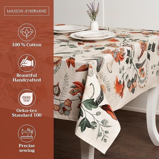 Maison d' Hermine Table Cloth Rectangle Table 100% Cotton 70 x 90 Inches Fall Tablecloth Reusable Everyday Use for Thanksgiving Christmas Decorations Dining Farmhouse Party (Dalida)