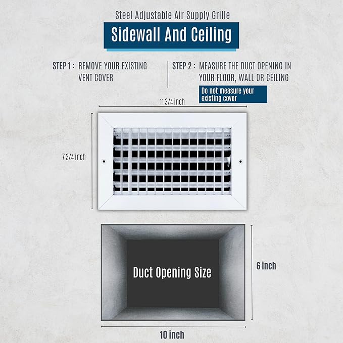 [2 Pack] Fits 10x6 Duct Opening Steel Adjustable Air Supply Grille by Handua | Register Vent Cover Grill for Sidewall and Ceiling | White | Outer Size: 11.75" X 7.75"