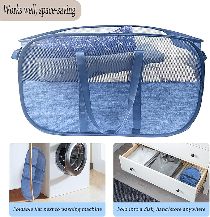 100L Collapsible Laundry Baskets 2 Pack, Extra Large Mesh Pop Up Laundry Hamper, Dirty Clothes Hamper with Reinforced Handles, Folding Hampers for Travel. Dorm or Home Portable Laundry Baskets. Blue