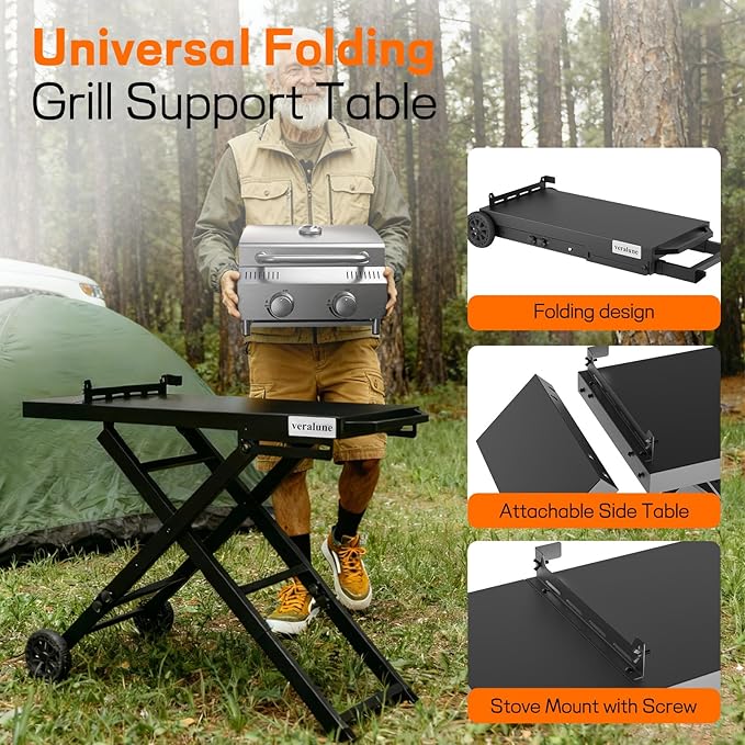 veralune Folding Grill Table, Outdoor Prep Table with 2 Wheels, Adjustable Height Portable Grill cart for Outdoor Cooking Camping BBQ Tailgating Picnicking
