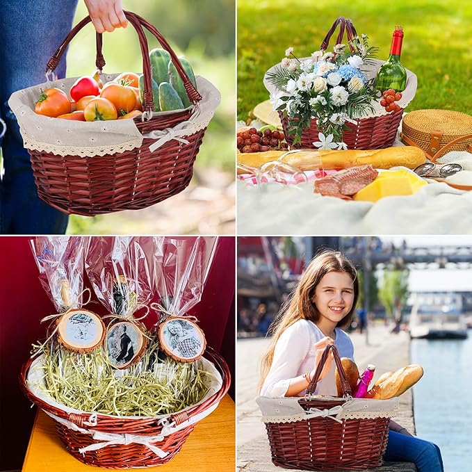 2 Pack Brown Wicker Basket with Linen Lining, 14 & 12 Inch Wicker Woven Picnic Basket with Handle for Picnic, Camping, Outdoor Party