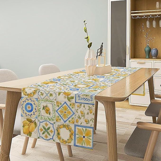 Yellow Lemon Summer Table Runner, Watercolor Spring Yellow and Blue Flower Hawaiian Style Table Runner for Holiday Party Home Kitchen Dining Table, 13x36inch
