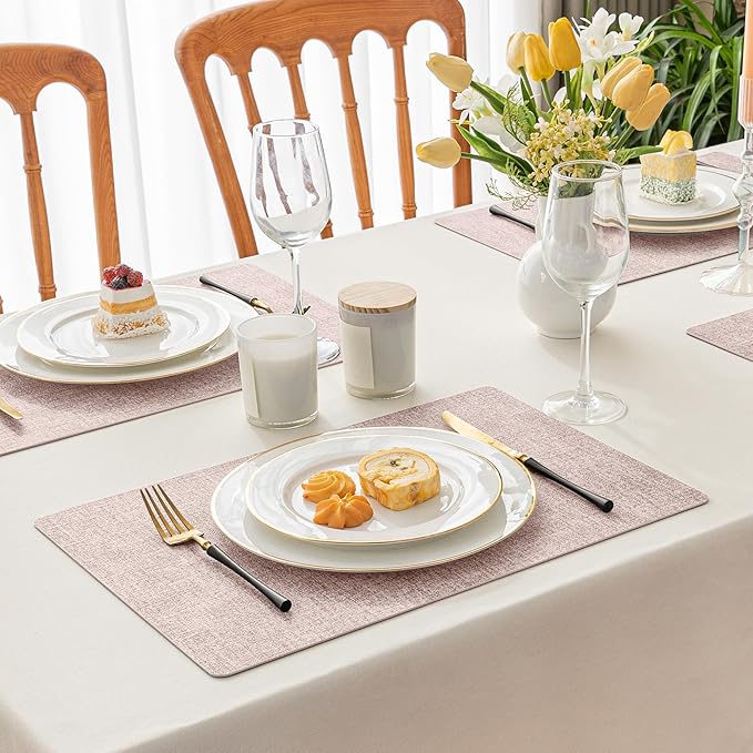 Romanstile Vinyl Placemats Set of 12-12 X 17 Inch - Heat Resistant Place Mats 100% Waterproof Oilproof Wipeable Reversible Faux Leather Table Mats for Kitchen, Dining, Party, Outdoor, Pink