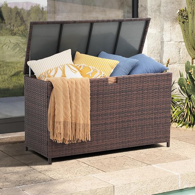 Super Patio Wicker Outdoor Patio Storage Box Waterproof, 120 Gallon Large Deck Box Rattan Storage Bin for Cushions, Garden Tools, Pool, Brown