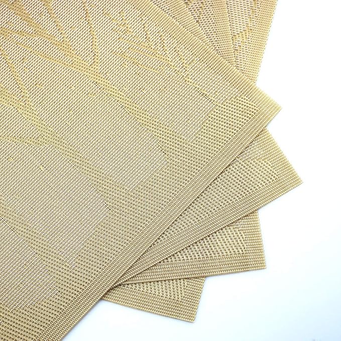 Gugrida Place Mats PVC Set of 6, Table Placemats Set of 6 PVC Washable Woven Vinyl Place Mats Heat Insulation Top Meal Mat Table Mats Natural Color (6 pcs, Gold Tree), 18 x 12 inch