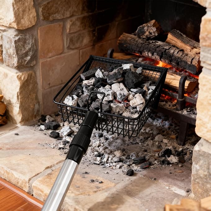 Long Handle Fireplace Ash Sifter, Hollow Out Metal Coal Shovel with 3-Section Adjustable Handle, Heat Resistant Charcoal Shovel Scoop for Wood Stove, Fireplace, Fire Pit and Grill
