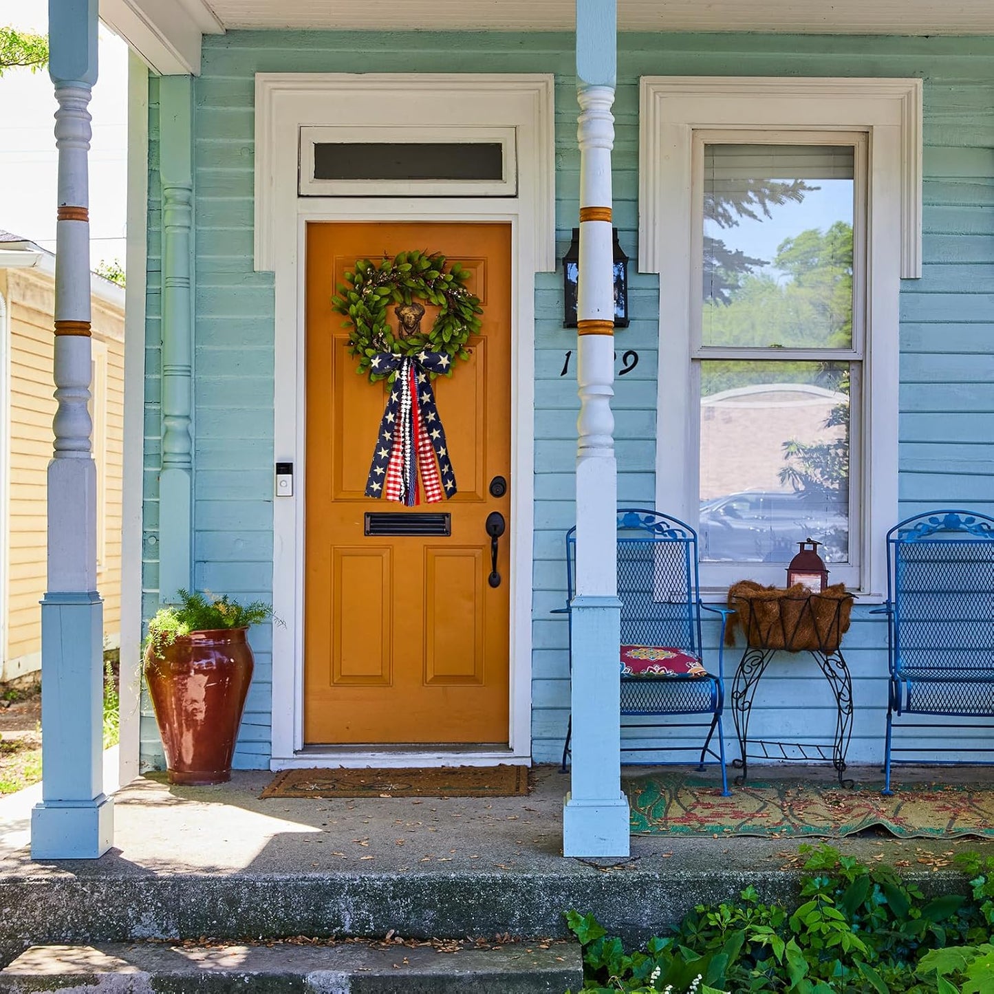 Large Patriotic Star Ribbon Bow for Wreath, Red White Buffalo Plaid Fabric Ribbons Set Assorted Lace Ribbon 4th of July Clip-On Wreath Sash Ribbons Bundle for Patriotic Indoor Outdoor Decor