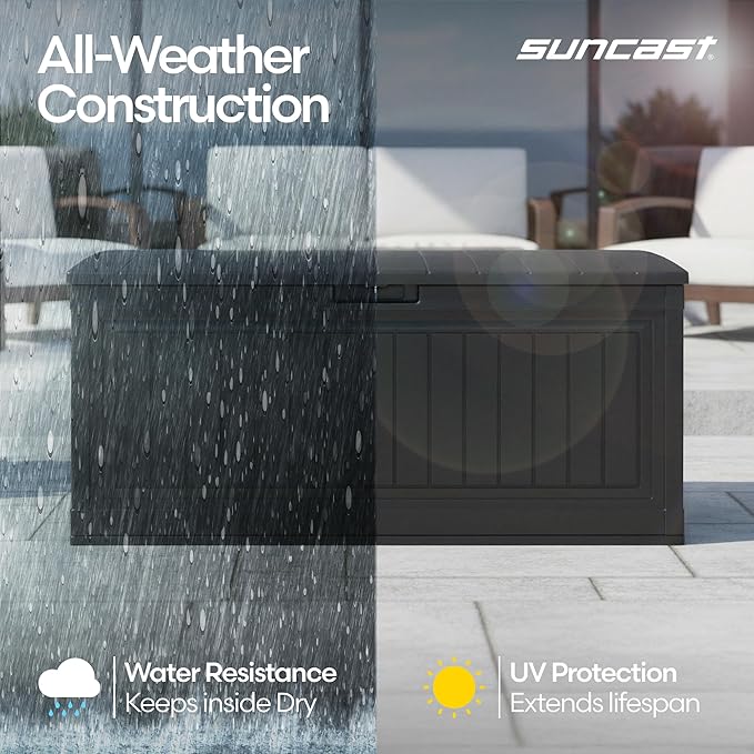Suncast 80-Gal. Waterproof Resin Large Outdoor Patio Deck Box with Pad-Lockable Lid, Modern Outdoor Patio Bench/Storage Box for Cushions, Garden Tools, and More, Iron Ore