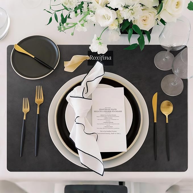 Roxifina Faux Leather Placemats Set of 4 - Vinyl Placemats Wipeable Waterproof Oil-Proof PU Place Mats Heat Resistant Reversible Table Mats for Dining, Kitchen, Outdoor, 12 x 17 Inch (Washed Black)