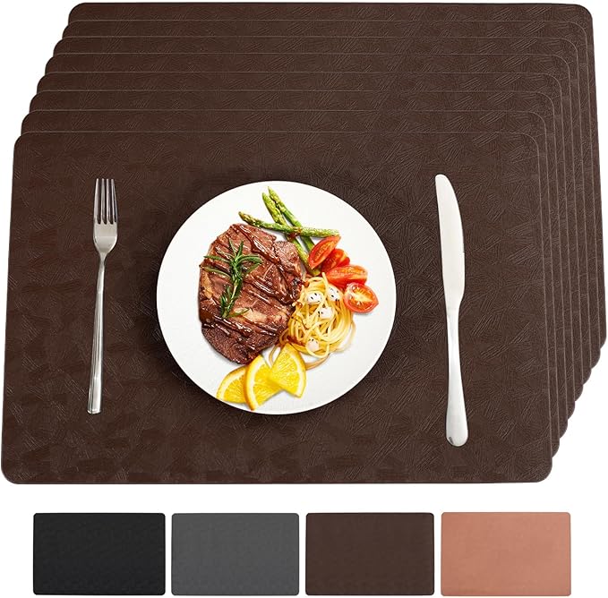 Vinyl Placemats Set of 8 Heat Resistant Easy Clean Non-Slip Place Mats for Dining Table. Faux Leather Waterproof Stain Resistant Wipeable Washable PU Table Mats(8, Brown)
