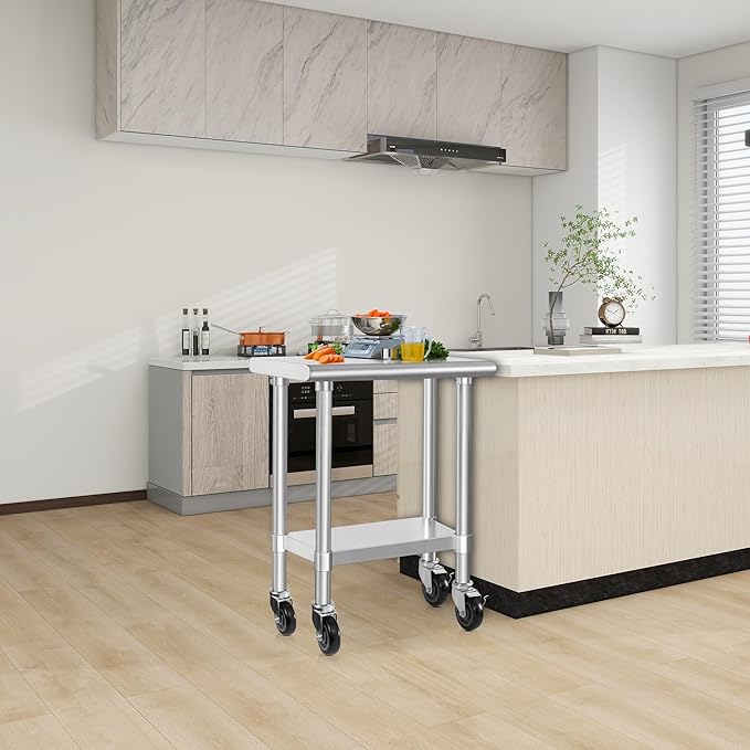 HARDURA Stainless Steel Commercial Table Prep & Work Table with Casters Heavy Duty Metal Table with Wheels NSF 430 18×30 Inches