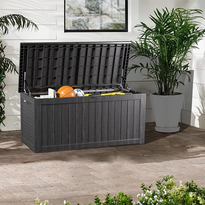 TARKARI 200 Gallon Lockable Resin Deck Box, Waterproof & UV-Resistant Outdoor Storage Box for Outdoor Cushion Storage, Garden Tools & Pool Accessories Storage, Black