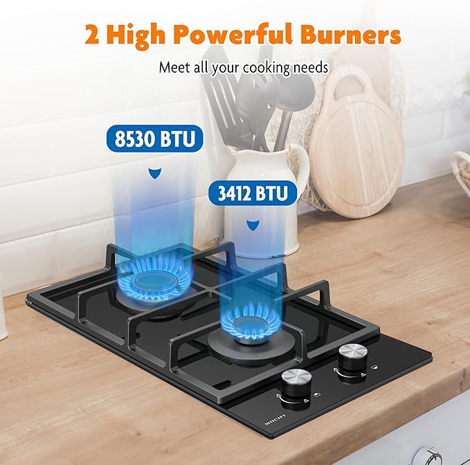 2 Burner Gas Cooktop, 12 Inch Built-in Propane/LPG/NG Dual Fuel Stove, Black Tempered Glass Hob with Thermocouple Protection & Adjustable Flame, for Apartment, Kitchen, RV