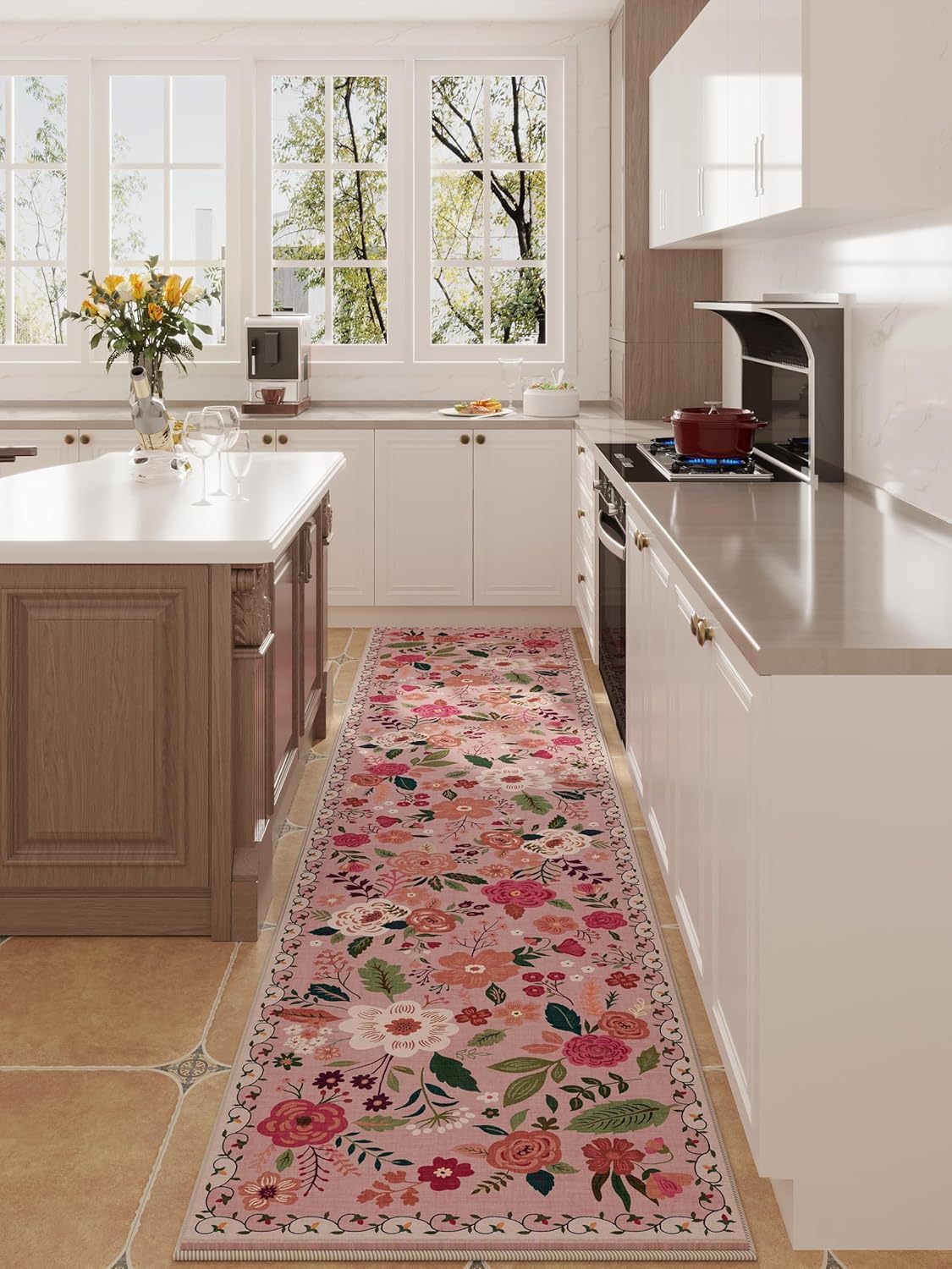 Rugcomf Runners for Hallways Kitchen Runner Rug Non Slip 2'x 10' Long Washable Rugs with Rubber Backing Soft Floral Carpet Runner for Hallways, Kitchen, Laundry, Bedroom, Bathroom(Pink)