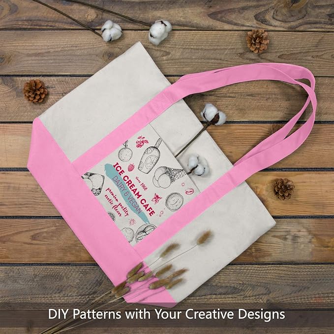 TOPDesign 1-Pack Canvas Tote Bag with an External Pocket, Reusable Grocery Shopping Bag, Top Zipper Closure, Daily Essentials (Pink/Natural)