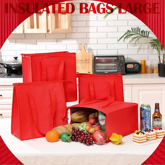 10 Pack Large Insulated Grocery Bags Reusable Shopping Bags with Zippered Top 13 x 12 x 7 Inch Thermal Cooler Totes Bulk with Handles for Hot Cold Food Delivery Refrigerator(Red)