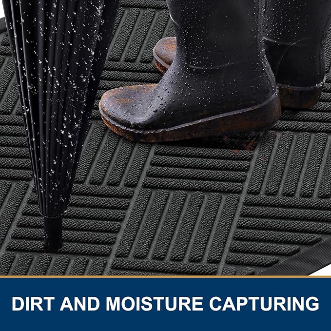 Smiry Front Door Mat Outside Entrance, Heavy Duty Outdoor Indoor Natural Rubber Doormat, Non Slip, Trap Dirt and Moisture, Easy Clean, Low Profile Patio Porch Entryway Mat, 47x23, Black