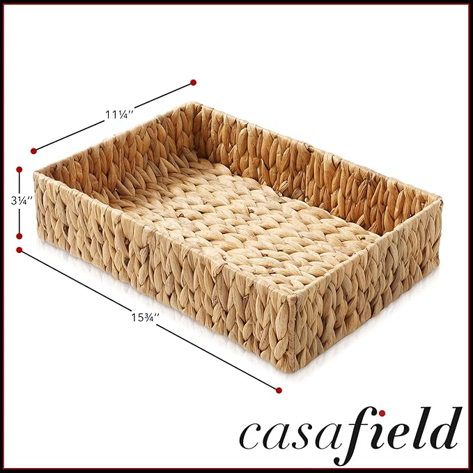Casafield Set of 2 Bathroom Storage Baskets, Natural - Water Hyacinth, 15.75" W x 11.25" D x 3.25" H, Woven Toilet Tank Topper Bins for Organizing Tissues, Toilet Paper, Toiletries, Shelves